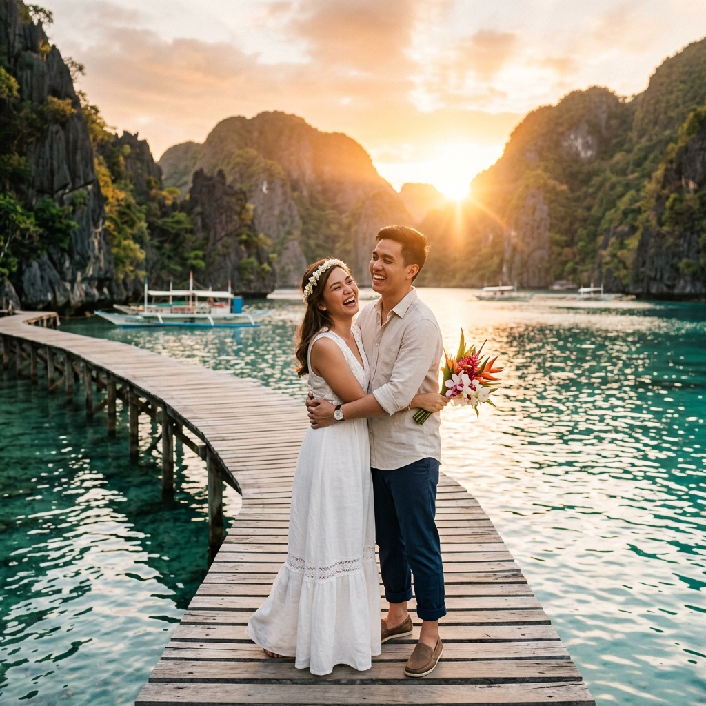 Romantic engagement on scenic pier at sunset