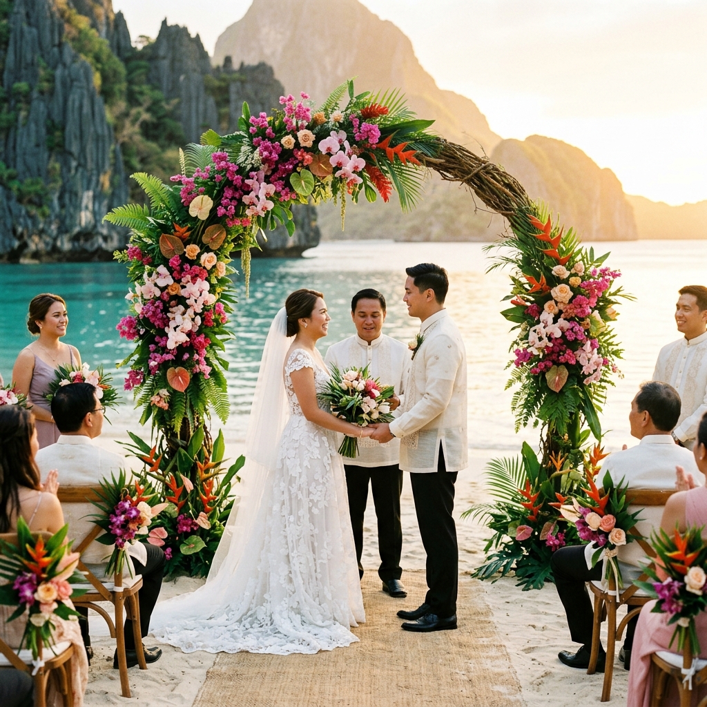 Filipino wedding ceremony at tropical beach with floral arch